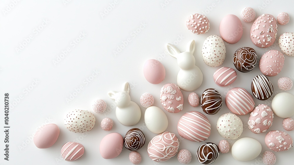 A collection of pastel Easter eggs and bunnies arranged on a light background, showcasing a festive and playful atmosphere. A collection of pastel Easter eggs and bunnies arranged on a light background, showcasing a festive and playful atmosphere.