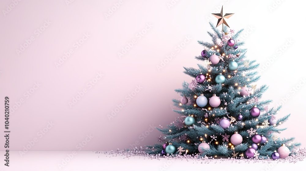A beautifully decorated Christmas tree with pastel ornaments and a star topper, set against a soft, light background, embodying holiday spirit. A beautifully decorated Christmas tree with pastel ornaments and a star topper, set against a soft, light background, embodying holiday spirit.