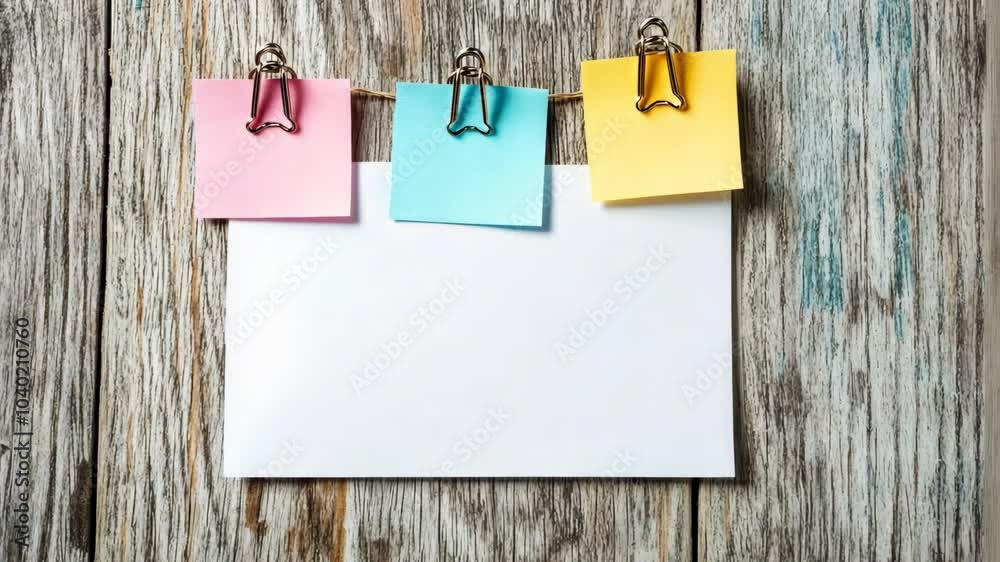 Three colorful sticky notes hang above a blank note on a wooden surface