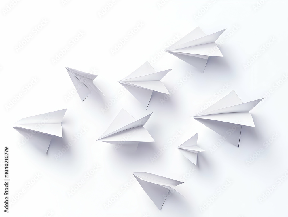 Flat Rising White Paper Planes Concept Close-Up Multiple White Paper Planes Ascending Formation Camera Follows Upward Trajectory Symbolizing Aspirations Goals Isolated White Background Simple Flat Vec Flat Rising White Paper Planes Concept Close-Up Multiple White Paper Planes Ascending Formation Camera Follows Upward Trajectory Symbolizing Aspirations Goals Isolated White Background Simple Flat Vec