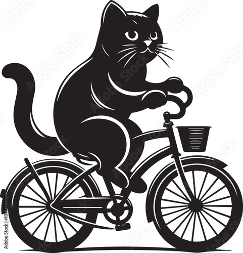 A cute cycling cat black silhouette vector