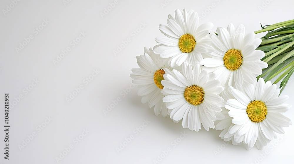 Obraz premium A bouquet of white daisies with yellow centers, resting on a light background, evoking freshness and simplicity.