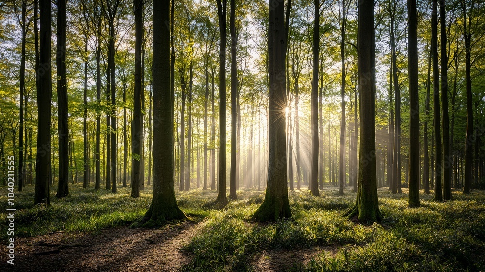 Sunbeams illuminate a dense forest floor with green foliage and morning mist. Sunbeams illuminate a dense forest floor with green foliage and morning mist.