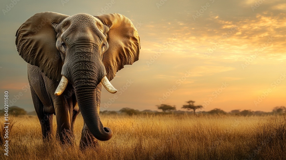 Fototapeta premium Elephant strolling in golden sunset landscape view.