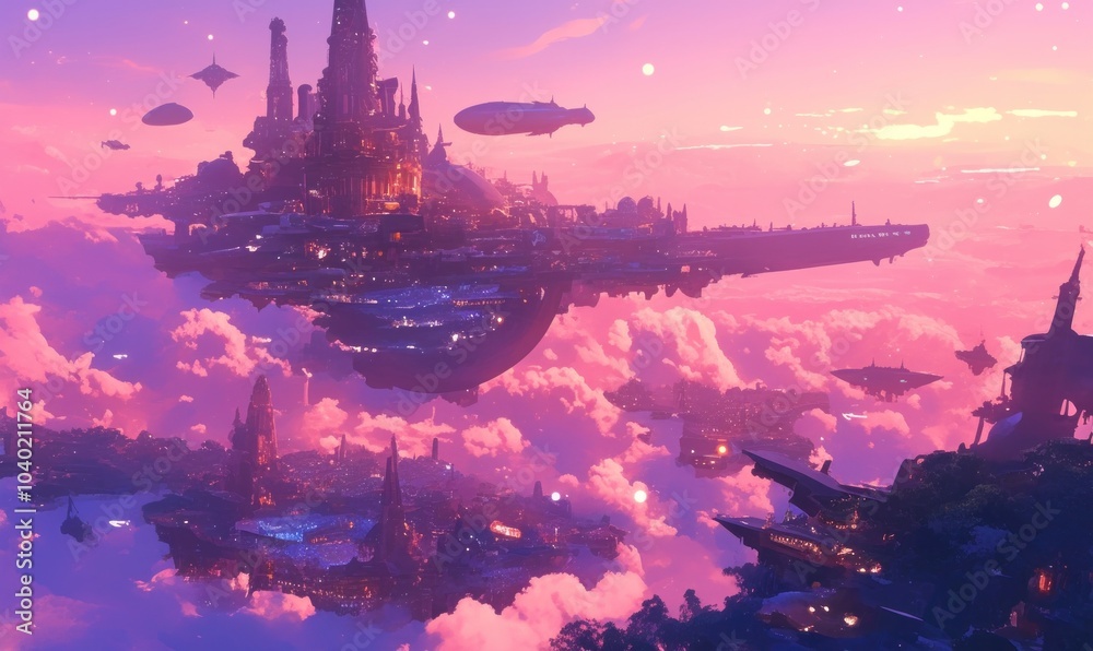 Obraz premium Futuristic Floating City at Sunset in the Clouds