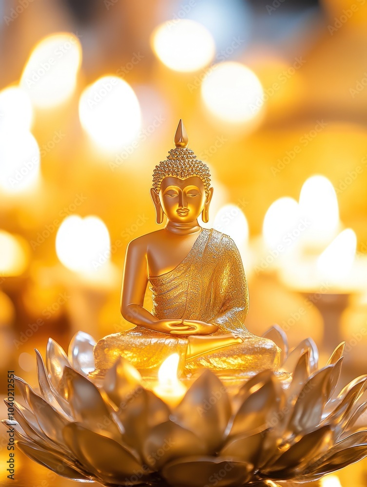 Obraz premium Radiant Buddha sculpture with ambient candle lighting.