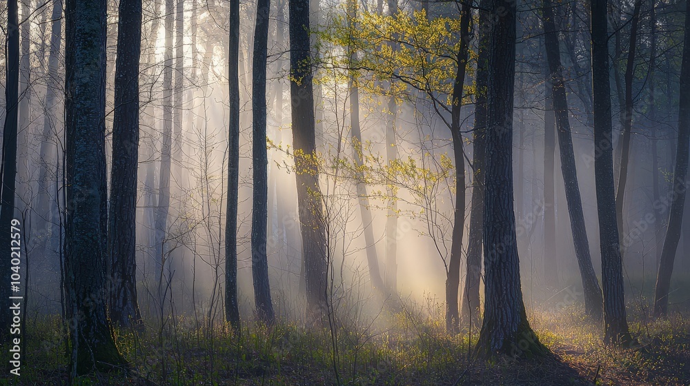 Obraz premium Sunlight beams through the misty trees in a dense forest, creating a magical and ethereal atmosphere.