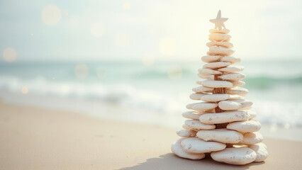 Cute christmas tree at the beach with copy space