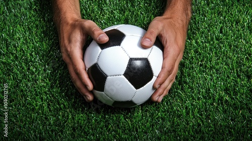 Hands resting on top of a soccer ball set against a training field background, suggesting preparation and practice before the big game --chaos