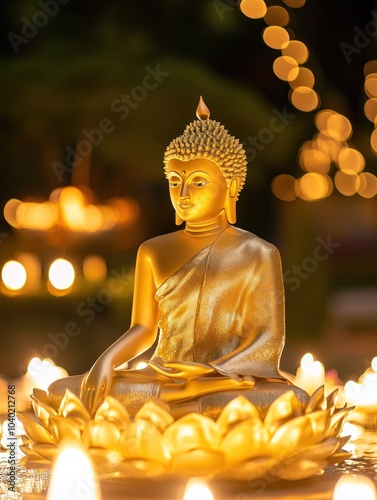 Buddha statue surrounded by warm glowing candles photo