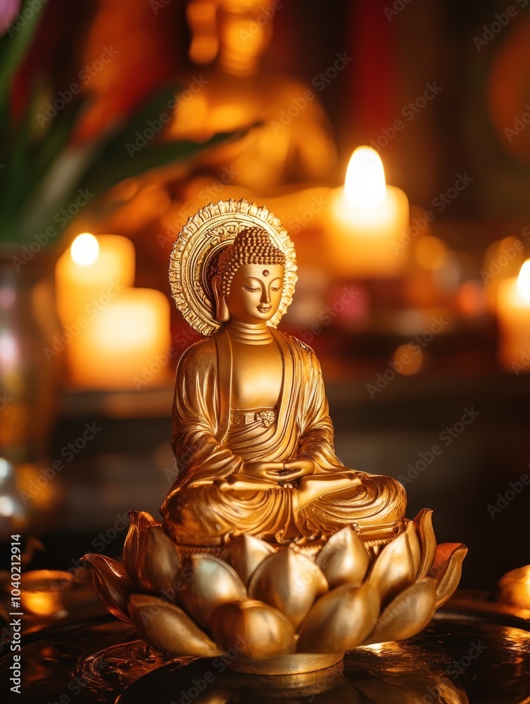 Fototapeta premium Golden Buddha statue on lotus with glowing candles