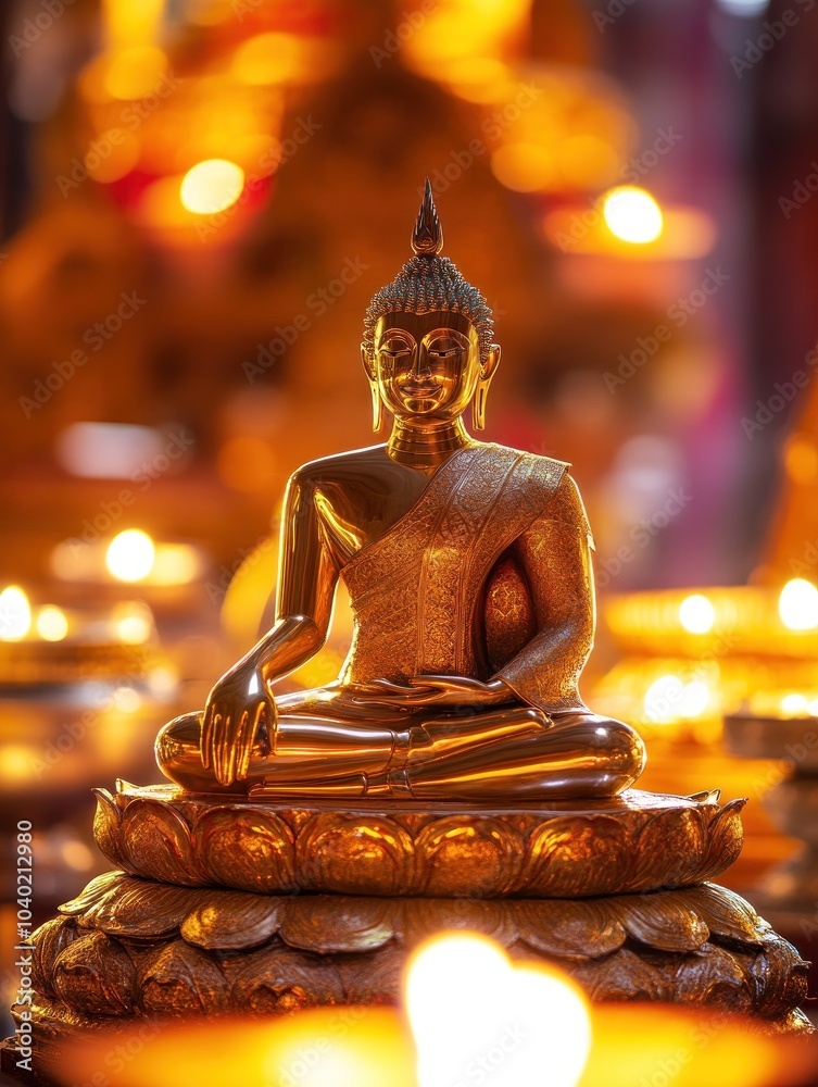 Fototapeta premium Golden Buddha statue with ornate candle backdrop