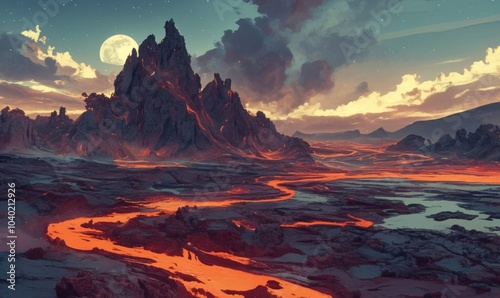 Majestic Volcanic Landscape Under Moonlit Sky