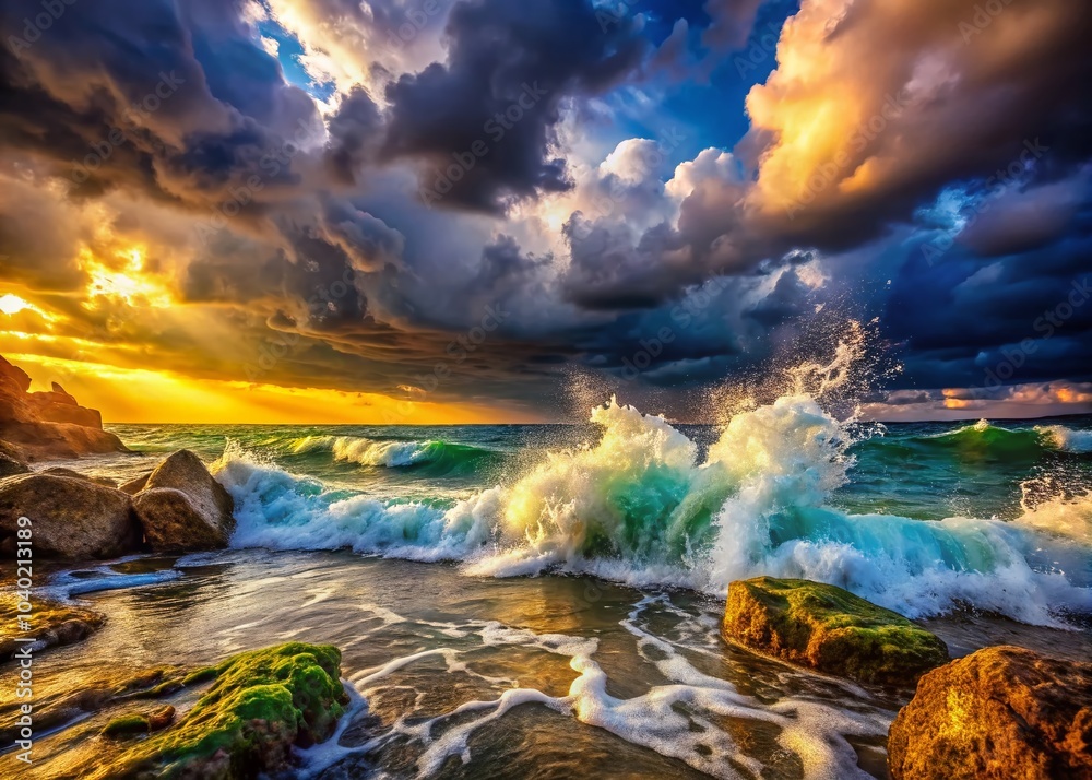 Fototapeta premium Restless Sea Under Dark Sky - Macro Photography of Turbulent Waves and Dramatic Clouds for Captivating Visuals