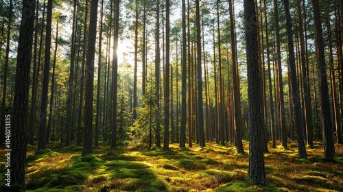 Sunlight streams through tall pine trees in a dense forest, illuminating the mossy forest floor.