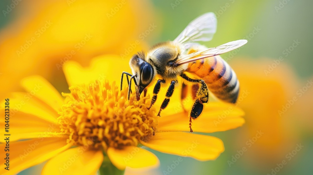 Honey bee collecting pollen from a bright orange marigold, its legs covered in yellow grains as it hovers near the flower's petals --chaos Honey bee collecting pollen from a bright orange marigold, its legs covered in yellow grains as it hovers near the flower's petals --chaos