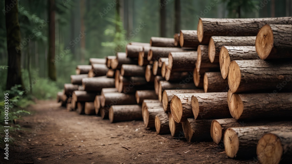 Stacks of wooden logs in a forest. Illegal logging and deforestation cause climate changes Stacks of wooden logs in a forest. Illegal logging and deforestation cause climate changes