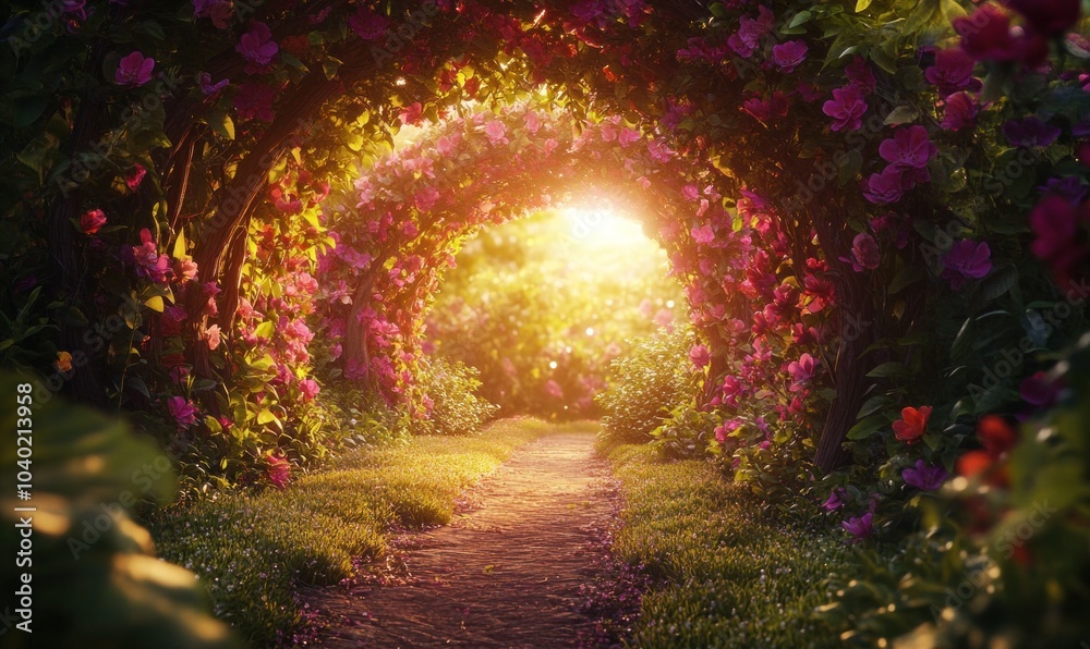 Enchanting Floral Pathway at Sunset Enchanting Floral Pathway at Sunset