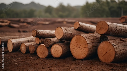 Stacks of wooden logs in a bare land. Illegal logging and deforestation cause climate changes photo