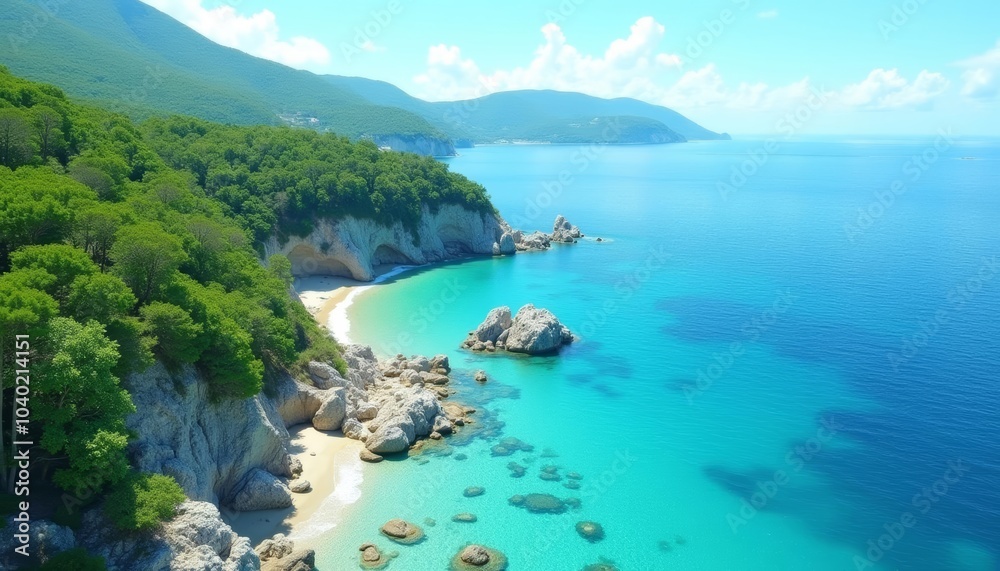 Fototapeta premium Paradise Found A serene beach cove with crystal clear waters