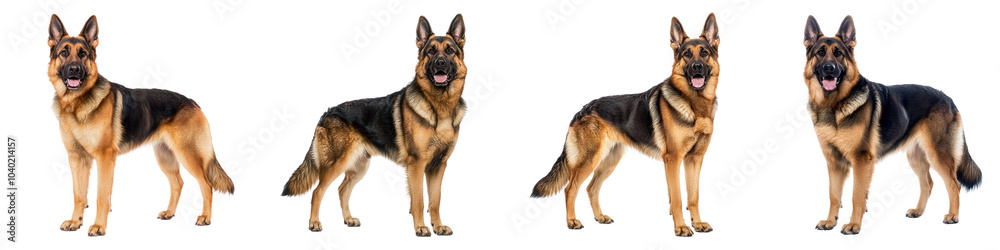 German Shepherd standing in a proud pose, showcasing its strong build and alert demeanor. isolated on transparency background German Shepherd standing in a proud pose, showcasing its strong build and alert demeanor. isolated on transparency background