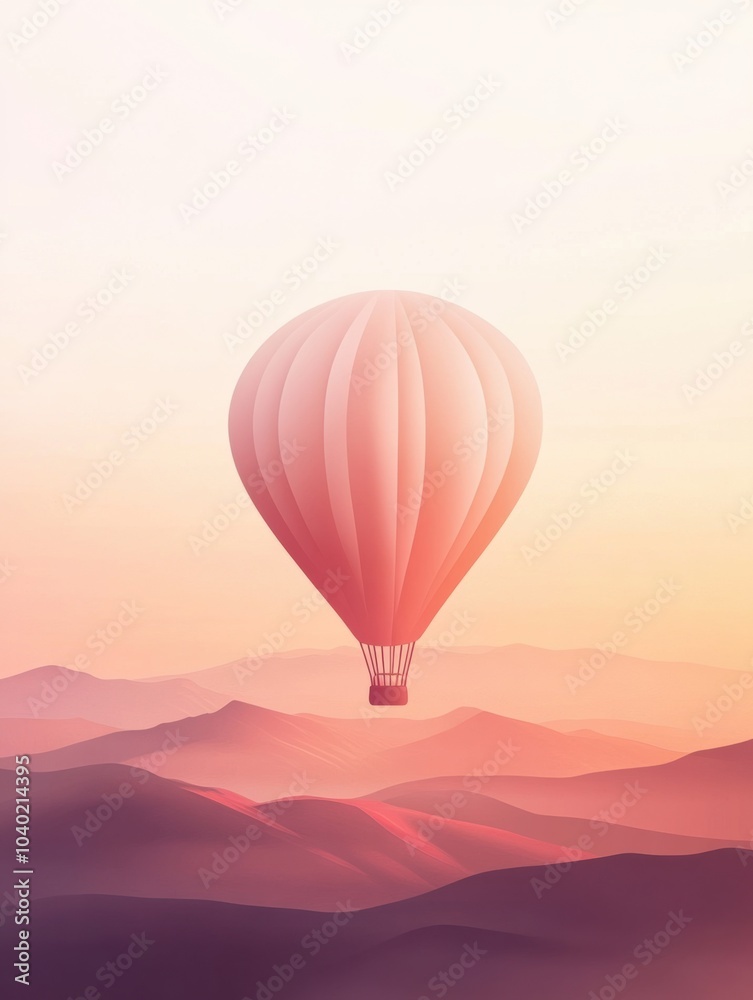 Fototapeta premium A sleek hot air balloon floats gracefully above rolling mountains, bathed in the warm glow of a sunset, creating a peaceful atmosphere. Generative AI