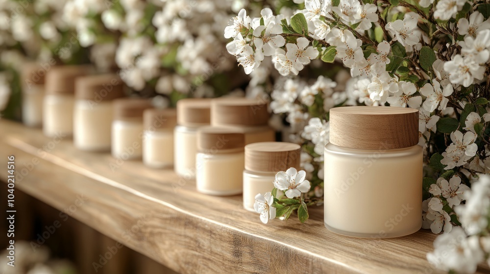 A serene display of cream jars surrounded by blooming flowers on a wooden shelf. A serene display of cream jars surrounded by blooming flowers on a wooden shelf.