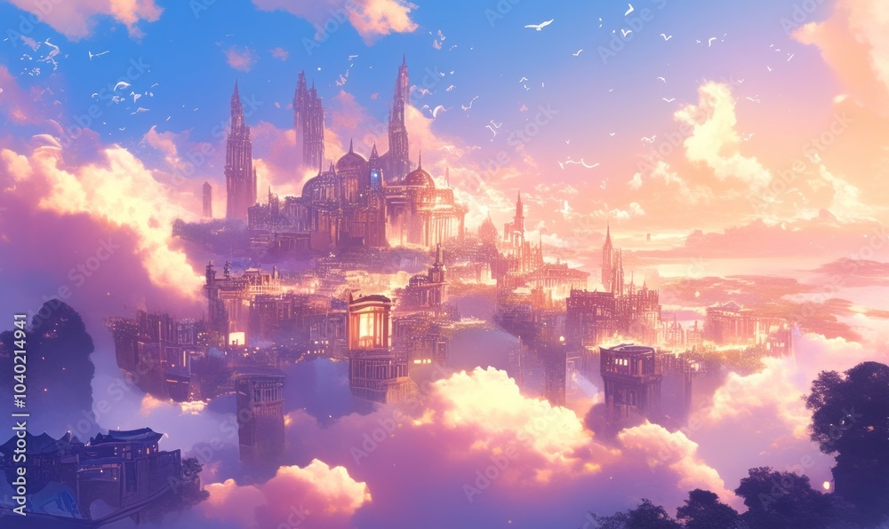 Naklejka premium Dreamlike City in the Clouds at Sunset