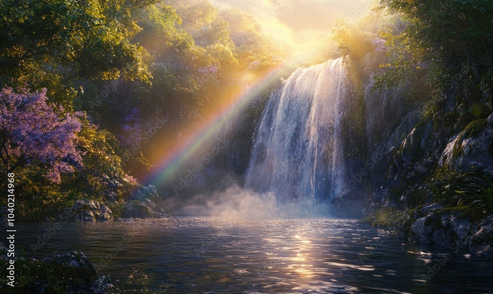 Serene Waterfall with Vibrant Rainbow and Lush Foliage Serene Waterfall with Vibrant Rainbow and Lush Foliage