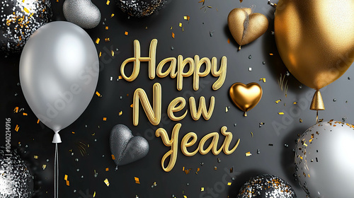 A black background with gold and silver decorations and a large heart. The words "Happy New Year" are written in gold