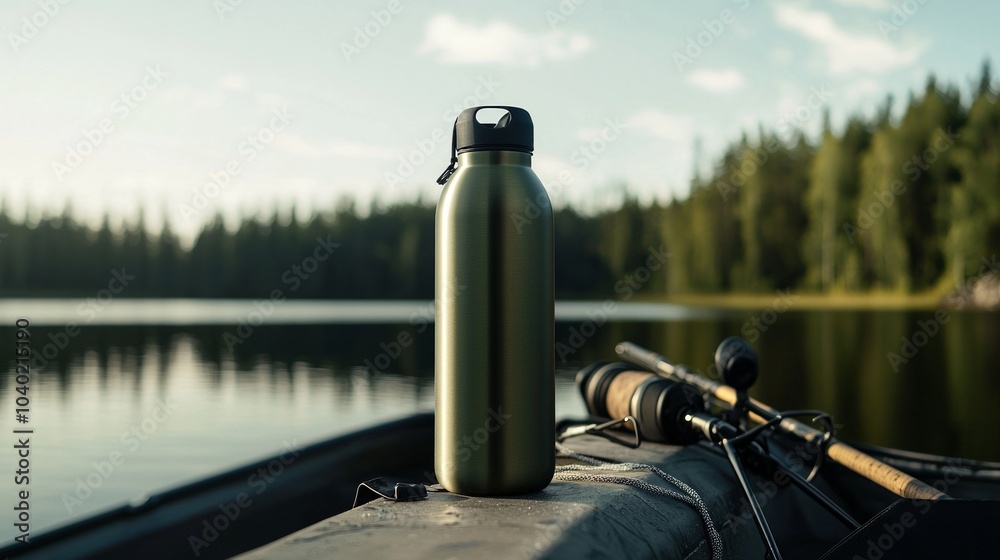 Obraz premium Adventure Essentials - Rugged Thermo Water Bottle on Fishing Boat in Serene Lake Setting