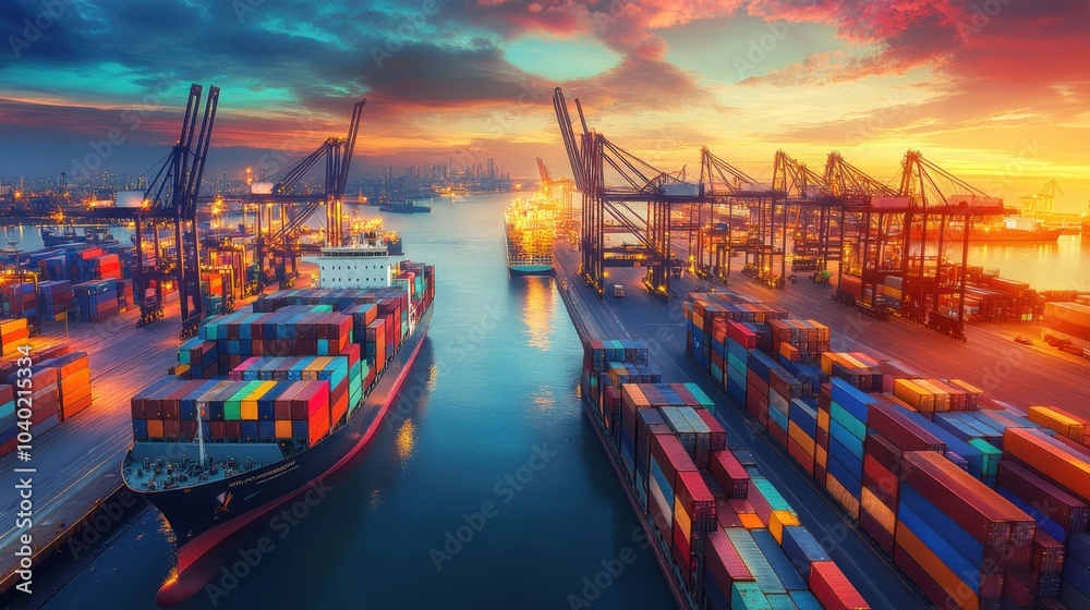 Obraz premium A contemporary harbor bustling with loading activities, featuring cargo ships amidst vibrant containers, Reflecting the dynamic movement of global commerce