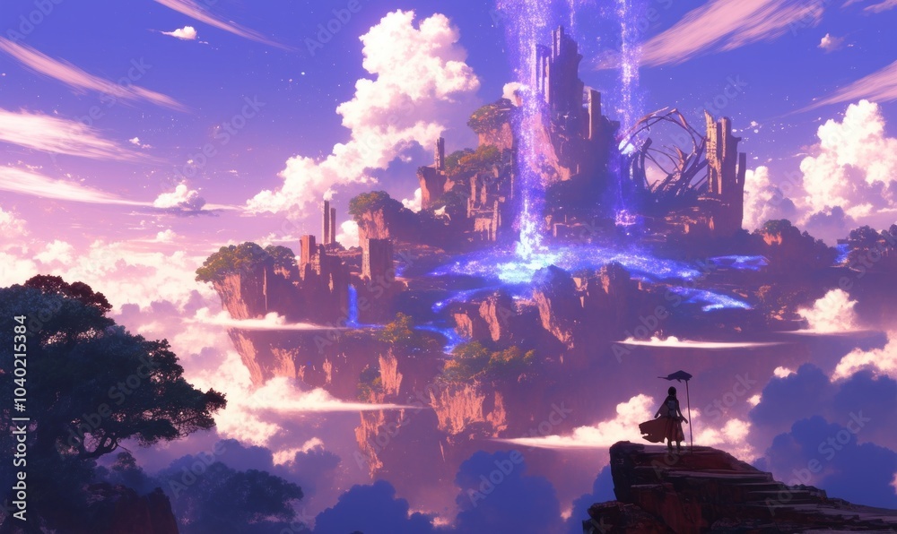Fantasy Floating Island with Ruins and Glowing Waterfalls Fantasy Floating Island with Ruins and Glowing Waterfalls