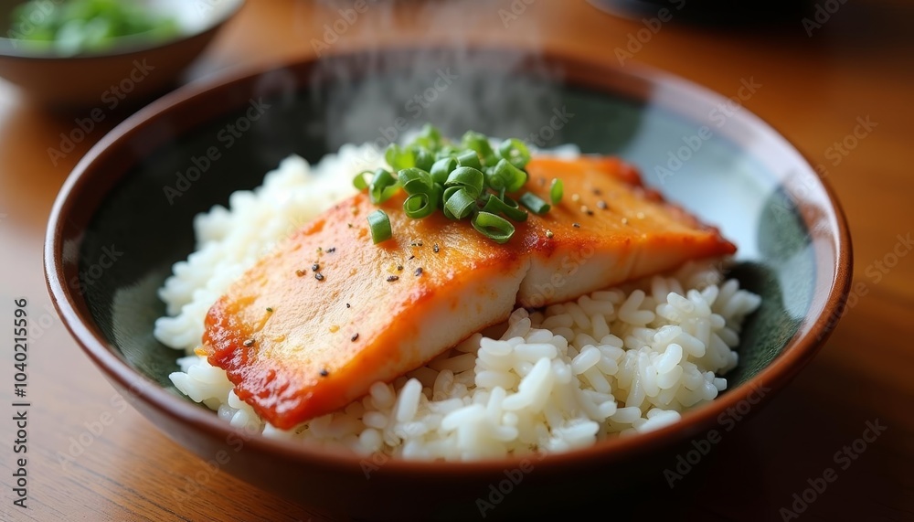 Deliciously seasoned fish fillet on a bed of fluffy rice Deliciously seasoned fish fillet on a bed of fluffy rice