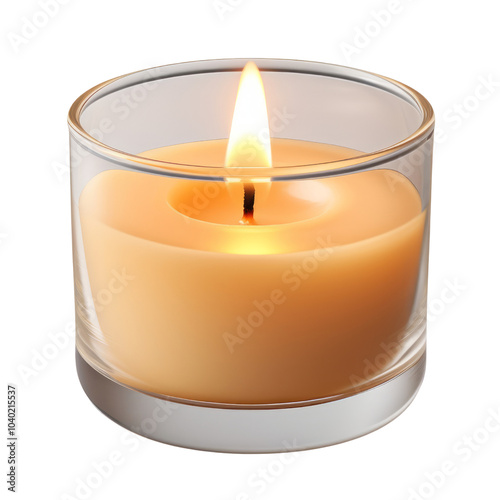 burning beige candle in glass isolated on transparent background cutout