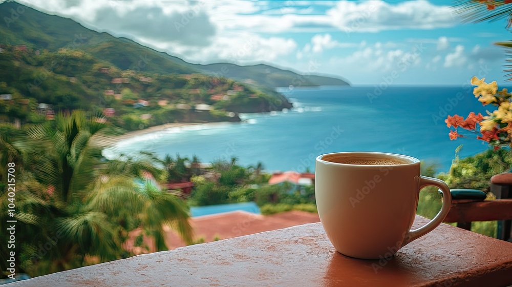 Coffee cup on a patio with a panoramic view of the Caribbean coastline of Venezuela, offering plenty of room for text Coffee cup on a patio with a panoramic view of the Caribbean coastline of Venezuela, offering plenty of room for text