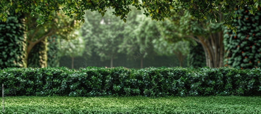 Fototapeta premium Lush green hedge bush foliage creates an ornamental backdrop in a formal garden setting perfect for photos or designs with a copy space image