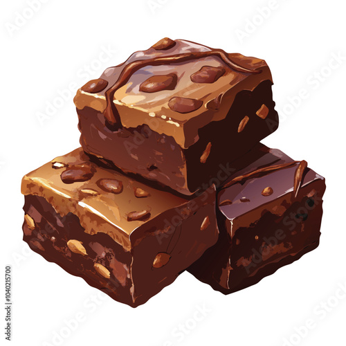 Watercolor Chocolate Brownies Rich, Fudgy Dessert Illustration with Texture on White Background.