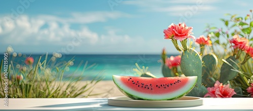 A watermelon placed on a tray with sea grass atop a white table set against a blurred background of cactus flowers by the sea under a blue sky creates an ideal copy space image for advertising variou photo