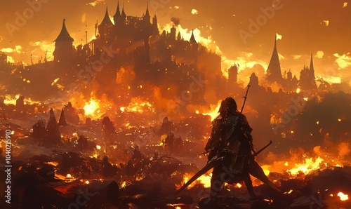 Warrior Overlooks Burning Castle at Sunrise