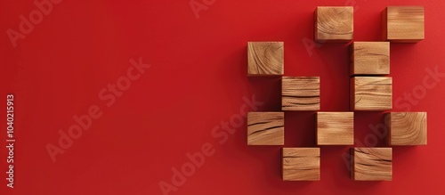 Conceptual symbol of a weekly report displayed on wooden blocks against a red backdrop featuring copy space for an image photo