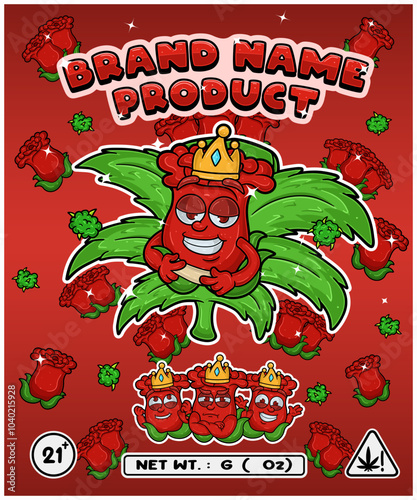 Cartoon rose flavor with cannabis leaf, designed for logo, label or packaging