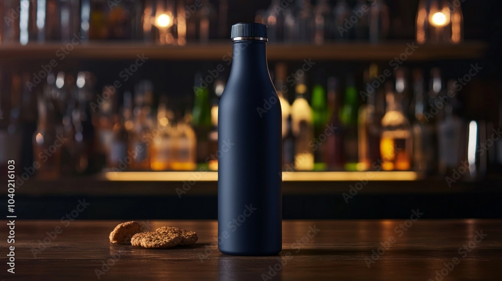 Trendy Matte Navy Thermo Water Bottle in Social Gathering Setting with Craft Beers and Artisanal Snacks on Wooden Bar Counter Trendy Matte Navy Thermo Water Bottle in Social Gathering Setting with Craft Beers and Artisanal Snacks on Wooden Bar Counter