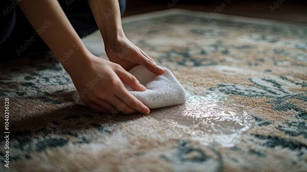Person deep cleaning with a cloth dipped in water, scrubbing away a hard-to-remove stain on a carpet. The dirt gradually disappears --chaos Person deep cleaning with a cloth dipped in water, scrubbing away a hard-to-remove stain on a carpet. The dirt gradually disappears --chaos