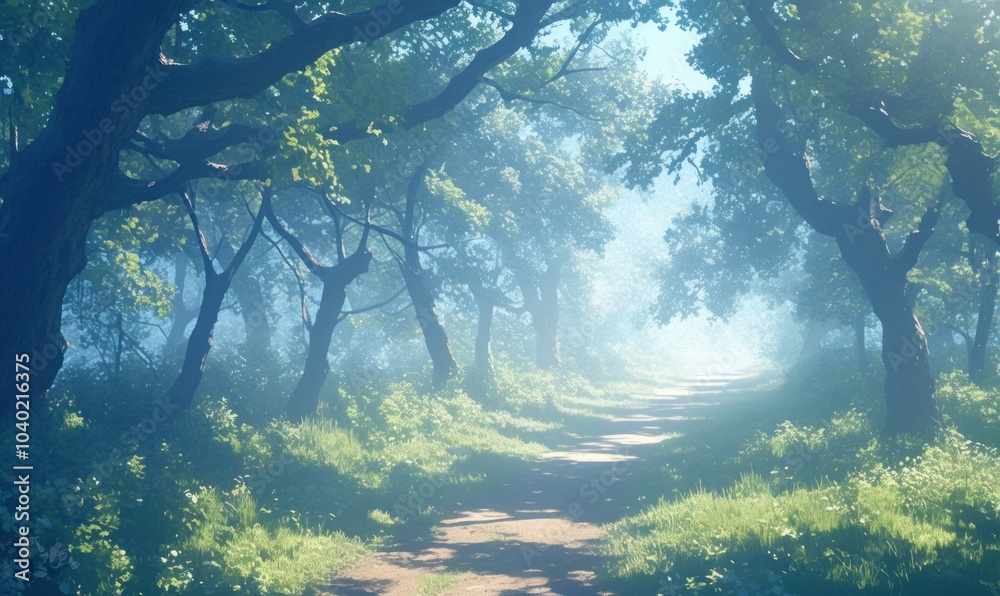 Obraz premium Serene Misty Forest Pathway in Early Morning Light