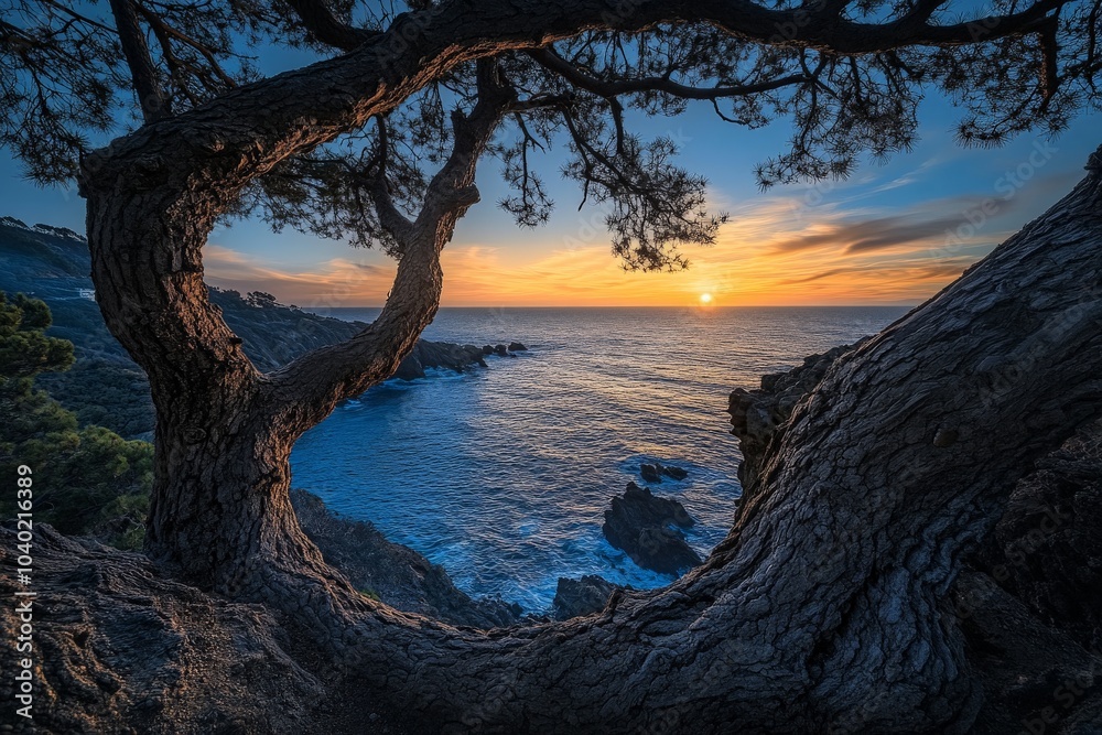 The setting sun is beautifully framed by an ancient tree, casting light and shadows over a rugged rocky coastline, creating a dramatic vintage scene. The setting sun is beautifully framed by an ancient tree, casting light and shadows over a rugged rocky coastline, creating a dramatic vintage scene.