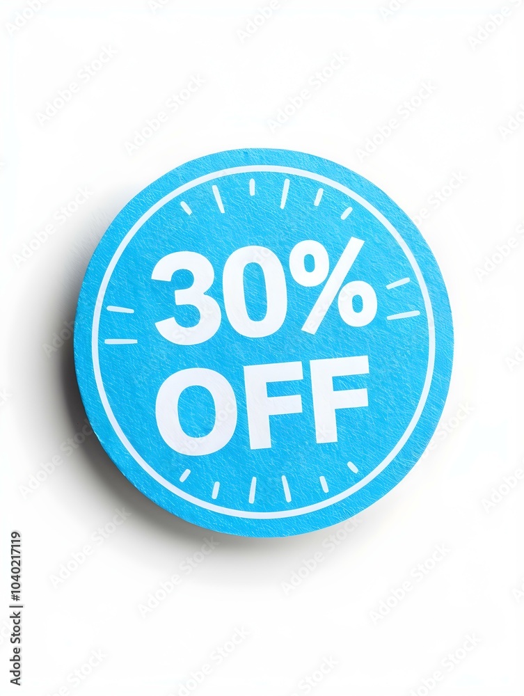 White '30% OFF' Text on a Light Blue Round Paper Note. White Background White '30% OFF' Text on a Light Blue Round Paper Note. White Background