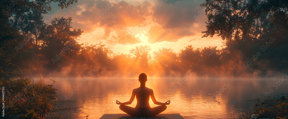 Serene Meditation by Lake at Sunrise, Peaceful Morning Reflection Serene Meditation by Lake at Sunrise, Peaceful Morning Reflection
