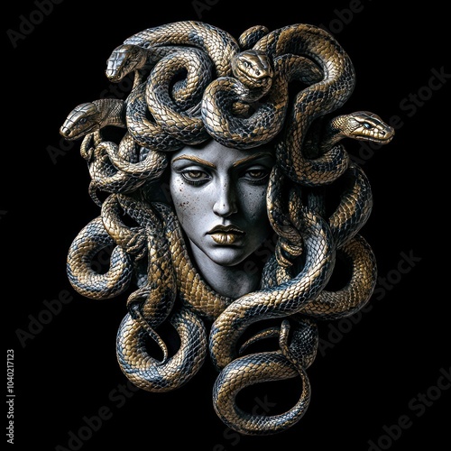 Medusa artwork with piercing gaze and radiant aura