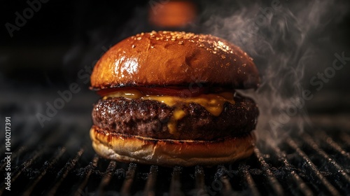 Wagyu beef burger on a grill, with a thick, juicy patty sizzling photo